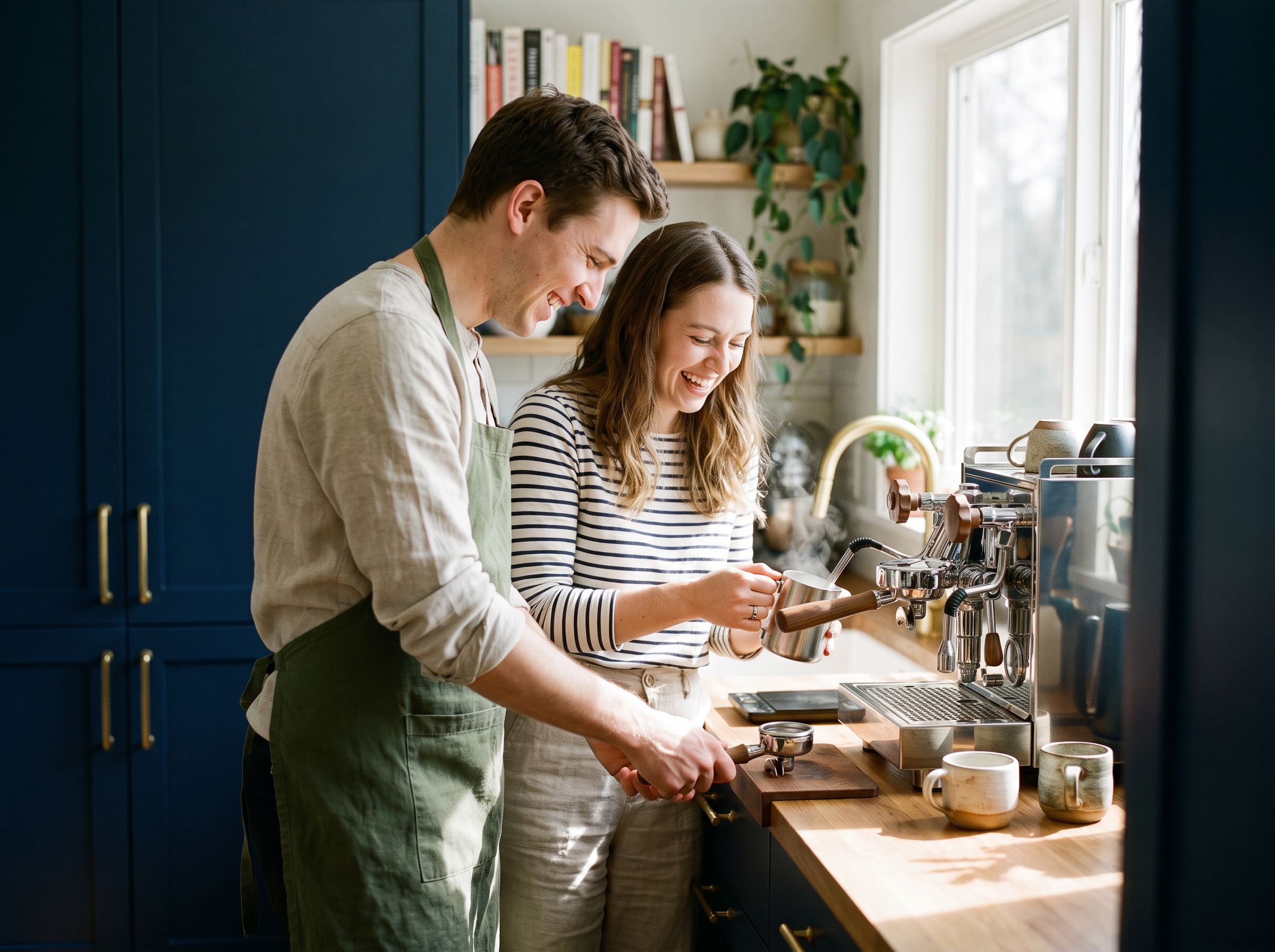 Couple making espresso together at home