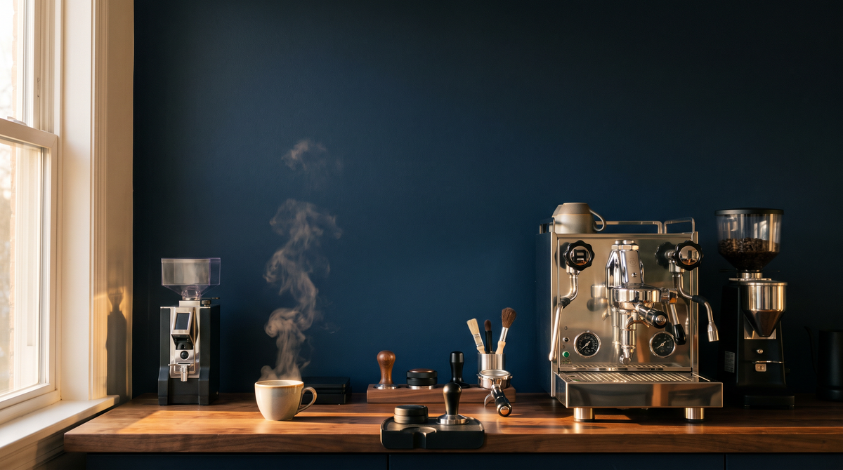 Home coffee corner against a navy wall