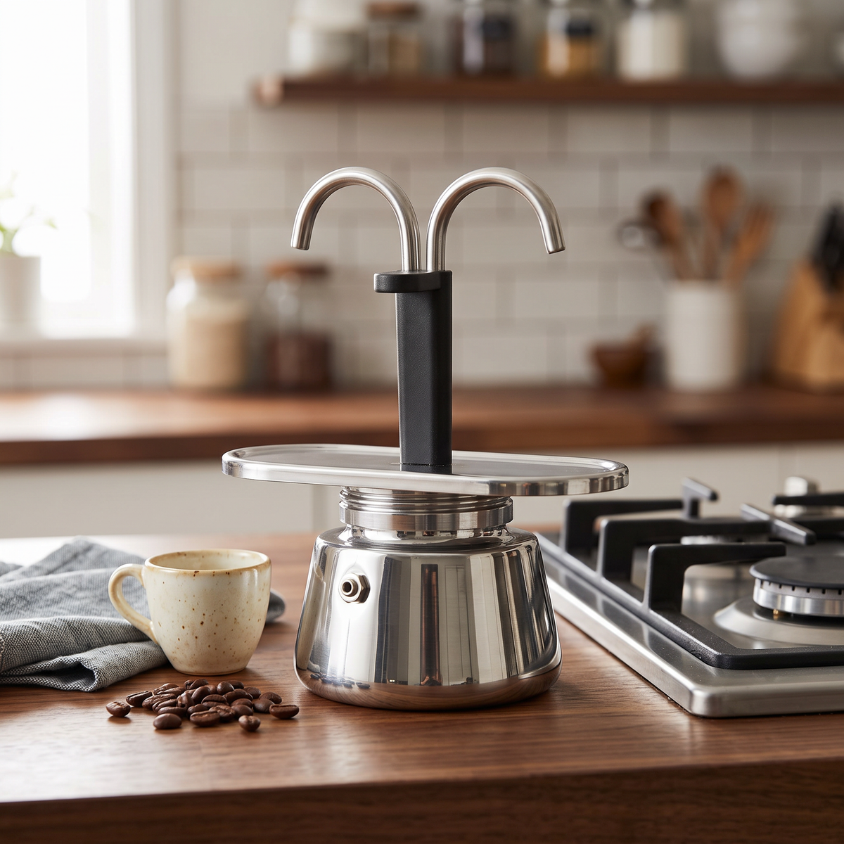 Stainless steel stovetop moka pot on a walnut kitchen counter beside a gas stove