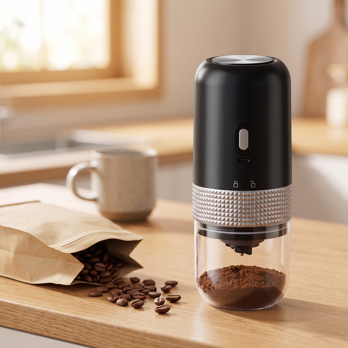 Portable USB rechargeable ceramic burr coffee grinder on oak counter with coffee beans