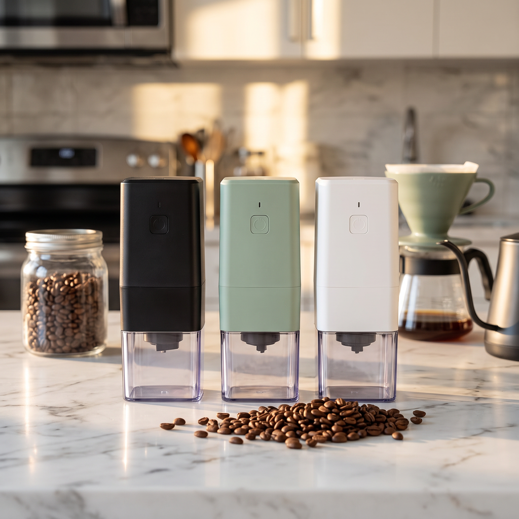 Compact square USB-C electric coffee grinder on marble kitchen counter with whole beans