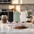 Compact square USB-C electric coffee grinder on marble kitchen counter with whole beans