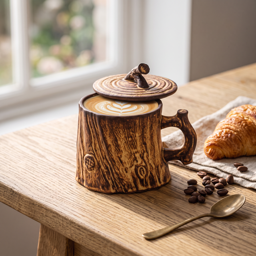 Handmade stoneware coffee mug with flat white latte art on an oak breakfast table