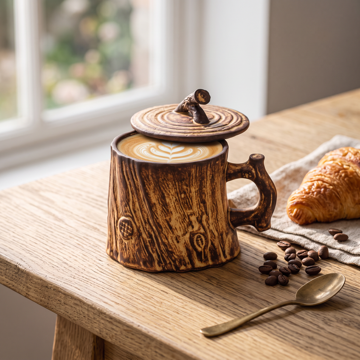Handmade stoneware coffee mug with flat white latte art on an oak breakfast table
