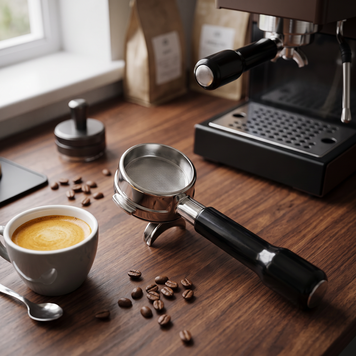 58mm bottomless portafilter with wood handle on a walnut espresso bar beside a home espresso machine