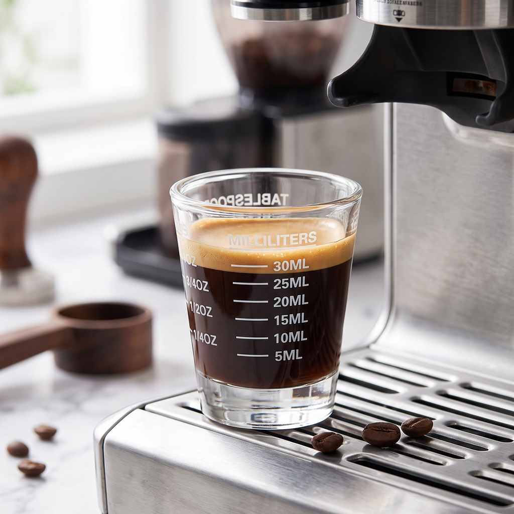 Espresso shot glass with measurement lines filled with crema-topped espresso on a marble coffee bar