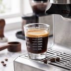 Espresso shot glass with measurement lines filled with crema-topped espresso on a marble coffee bar
