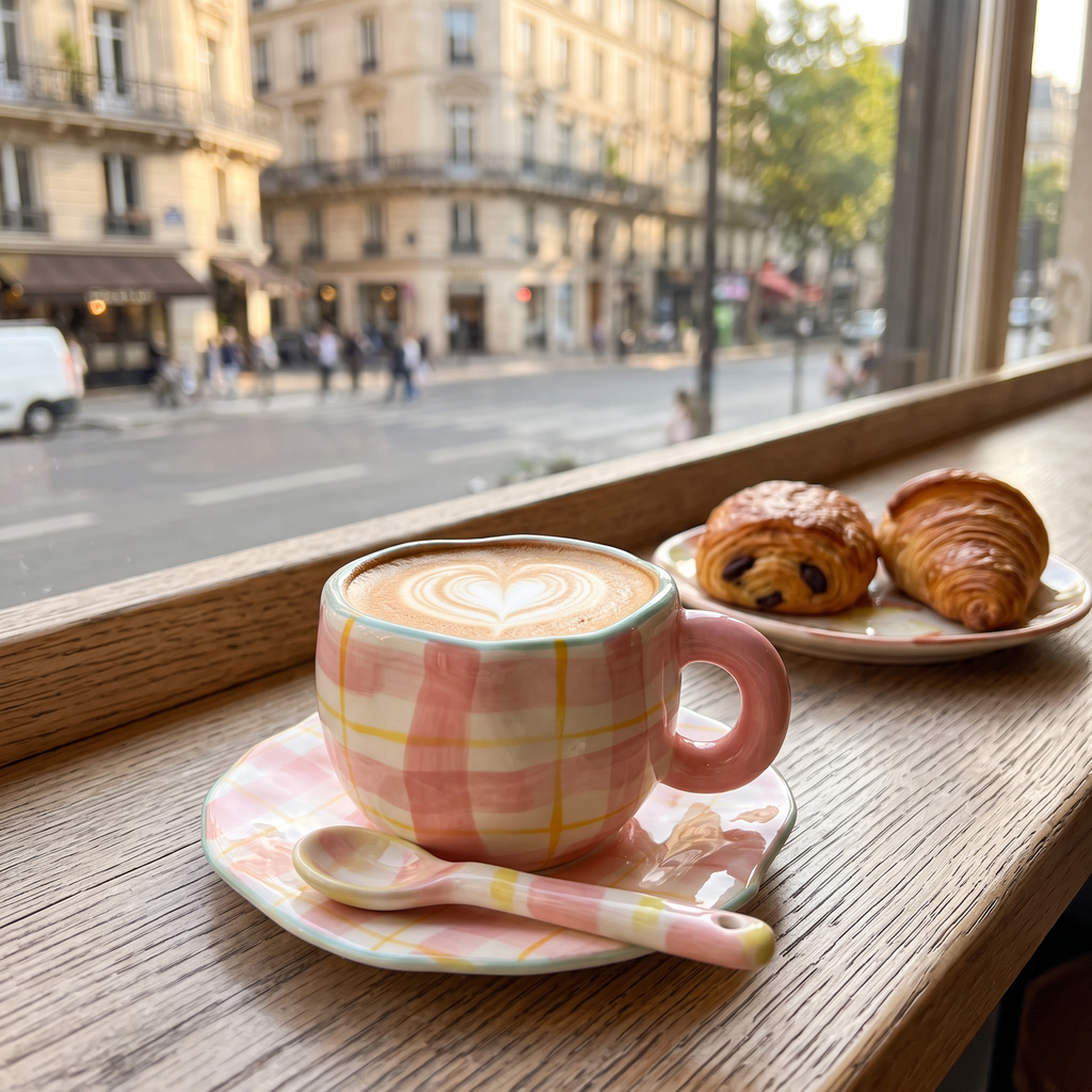 Ceramic tulip coffee cup and saucer with cappuccino on a sunny cafe window table