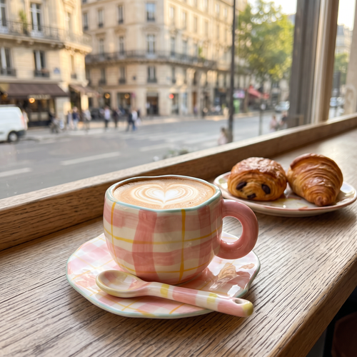 Ceramic tulip coffee cup and saucer with cappuccino on a sunny cafe window table