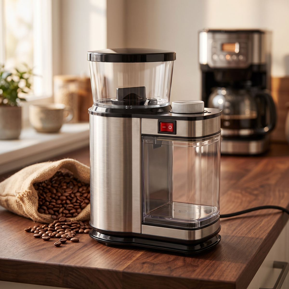 Stainless steel electric burr coffee grinder on walnut counter with bag of coffee beans