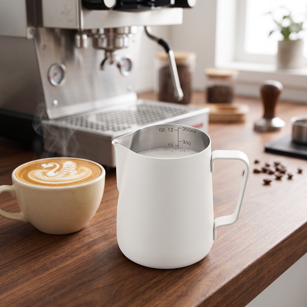 Matte milk frothing pitcher on a home coffee bar beside a latte art cappuccino