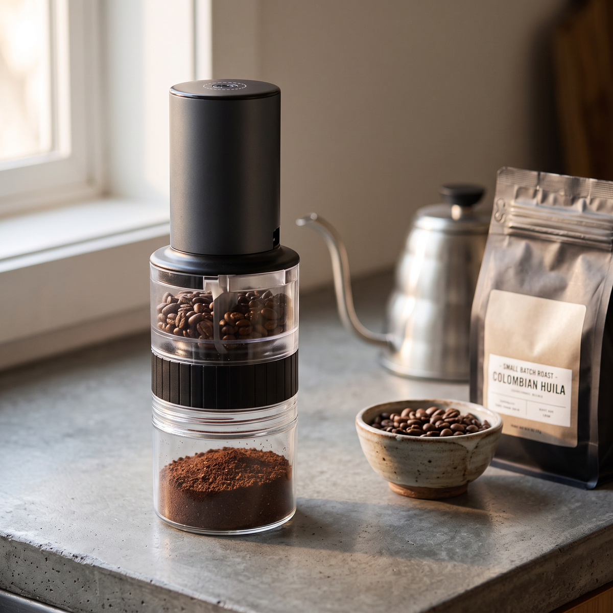 Electric burr coffee grinder with glass grounds jar on concrete countertop with beans