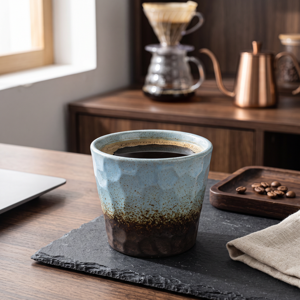 Japanese kiln-glazed stoneware coffee cup with black coffee on slate beside pour-over