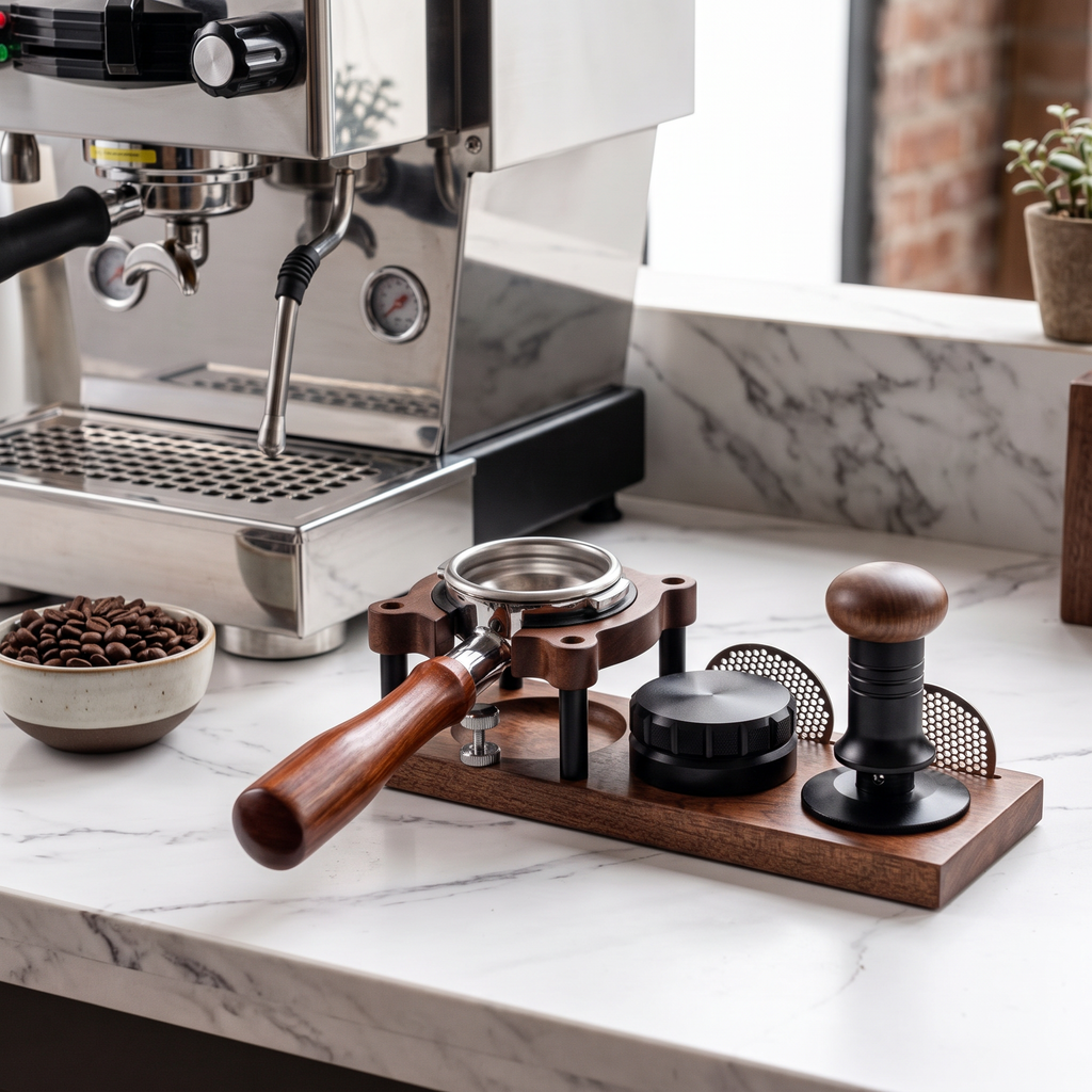 Solid wood tamper station on a marble espresso bar next to an espresso machine