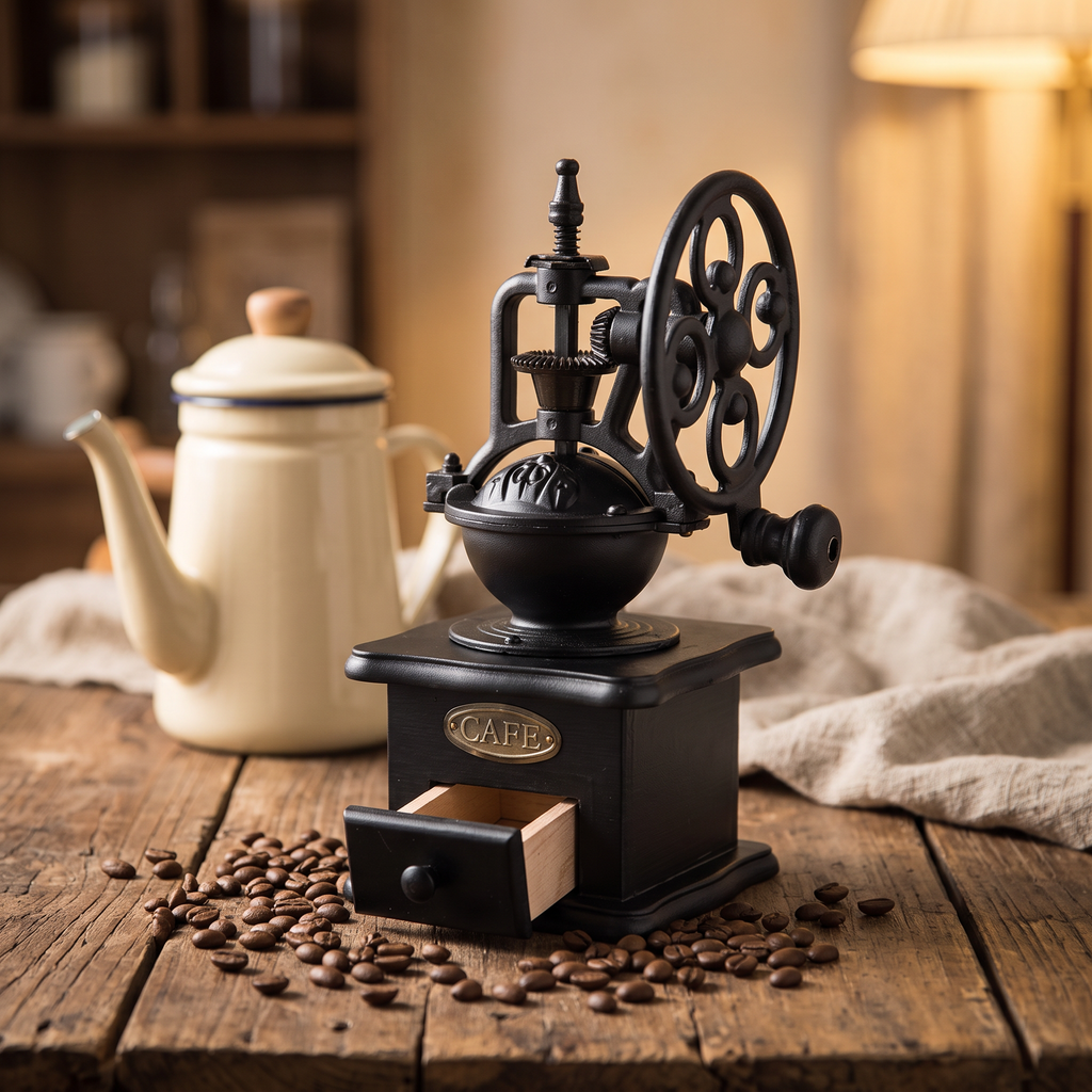Retro cast iron hand crank coffee grinder with wood drawer on rustic farmhouse table