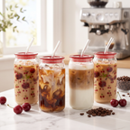 Can-shaped glass iced coffee cups with lids and straws filled with iced lattes on marble bar
