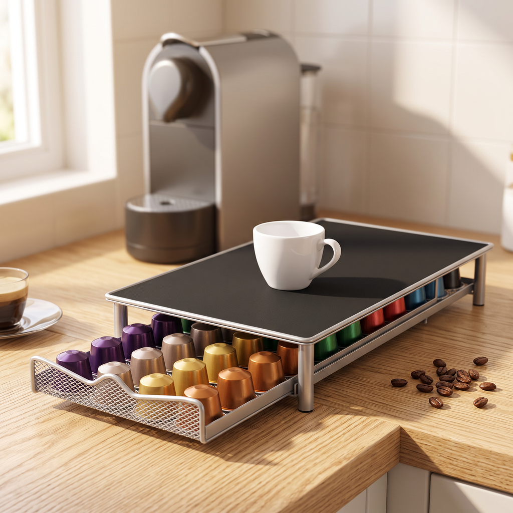 Metal coffee capsule holder drawer stand with pods on a light oak counter at a home coffee station
