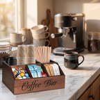 Wooden coffee pod organizer caddy with pods, tea and sugar on a marble coffee bar