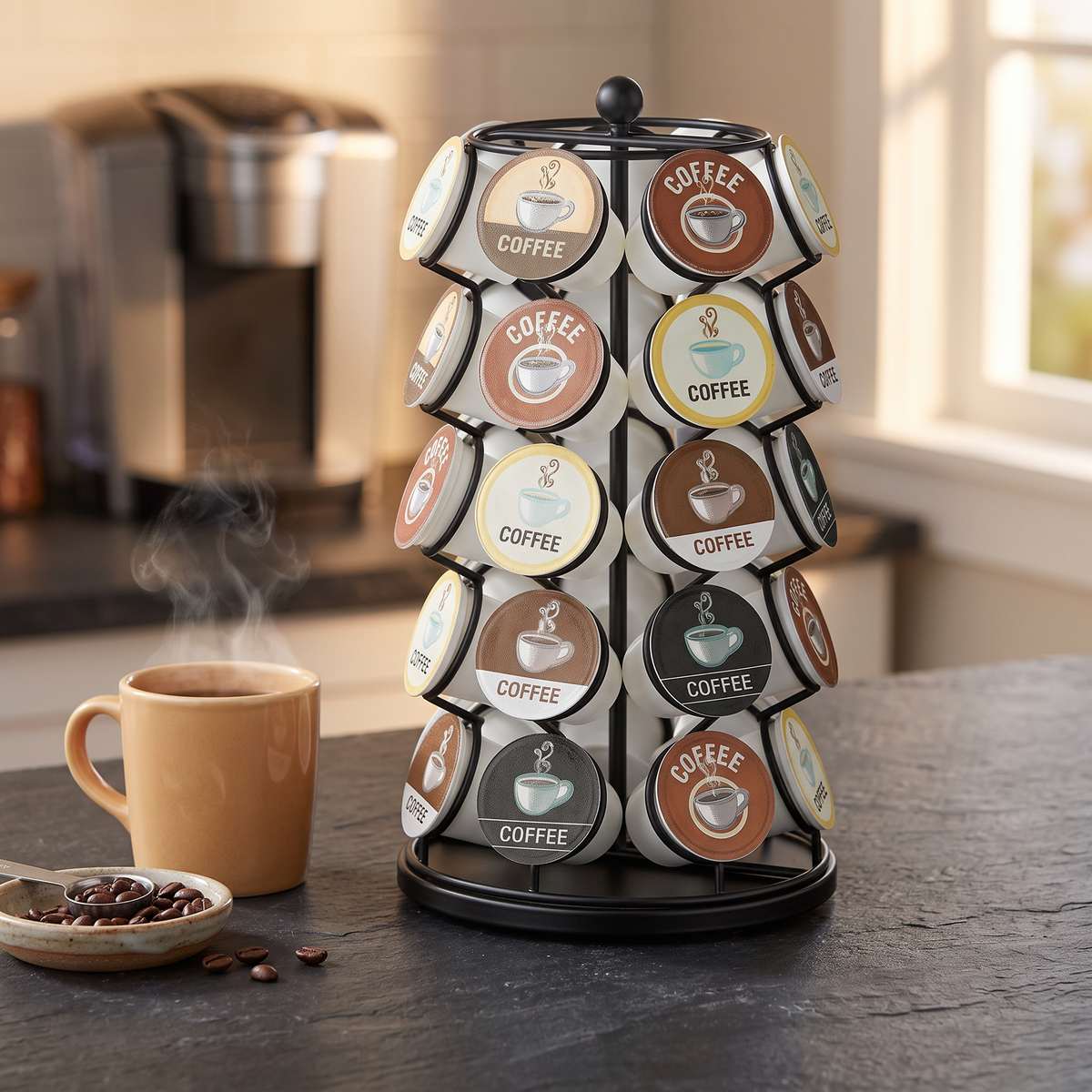 Black rotating coffee pod carousel filled with pods on a slate kitchen counter