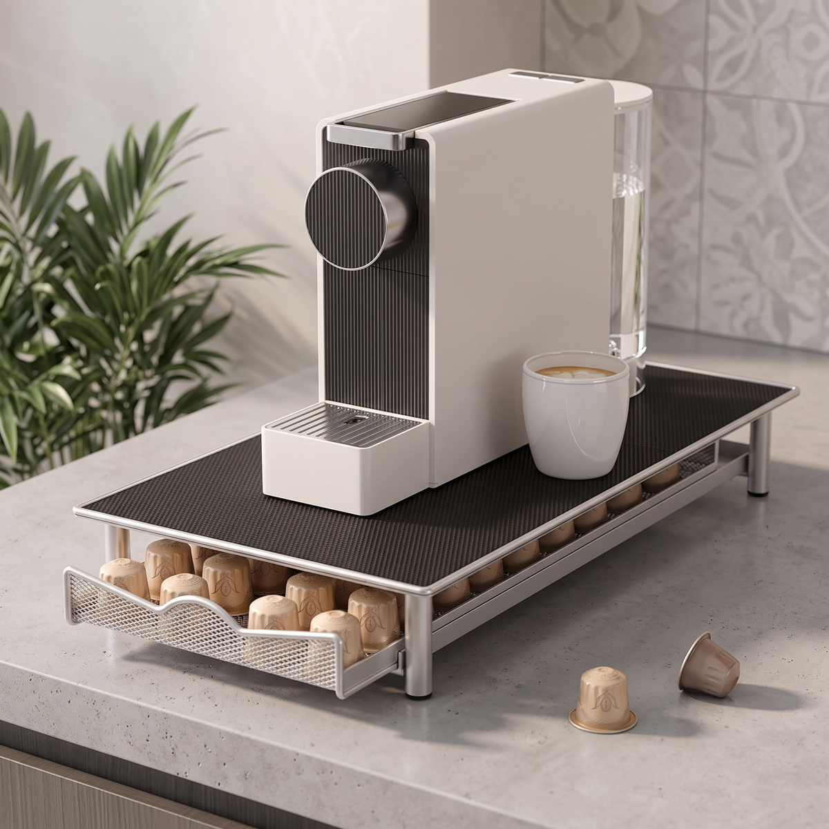 Under-machine pull-out coffee capsule drawer with capsule machine on a concrete counter