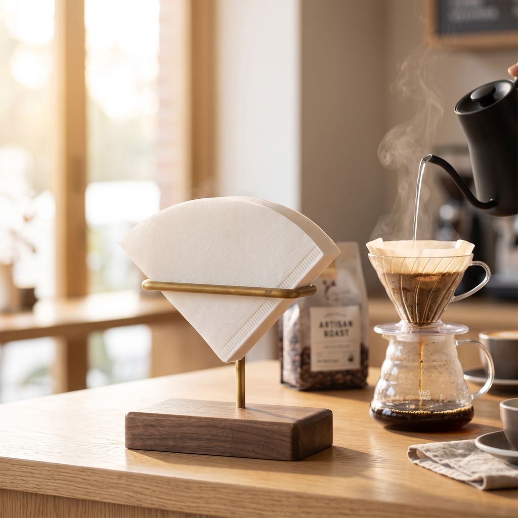 Walnut and brass coffee filter holder with paper filters beside a pour-over setup