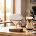 Walnut and brass coffee filter holder with paper filters beside a pour-over setup