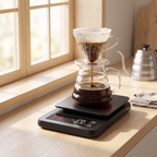 Pour over coffee scale with auto timer on a sunny kitchen counter during a pour-over brew