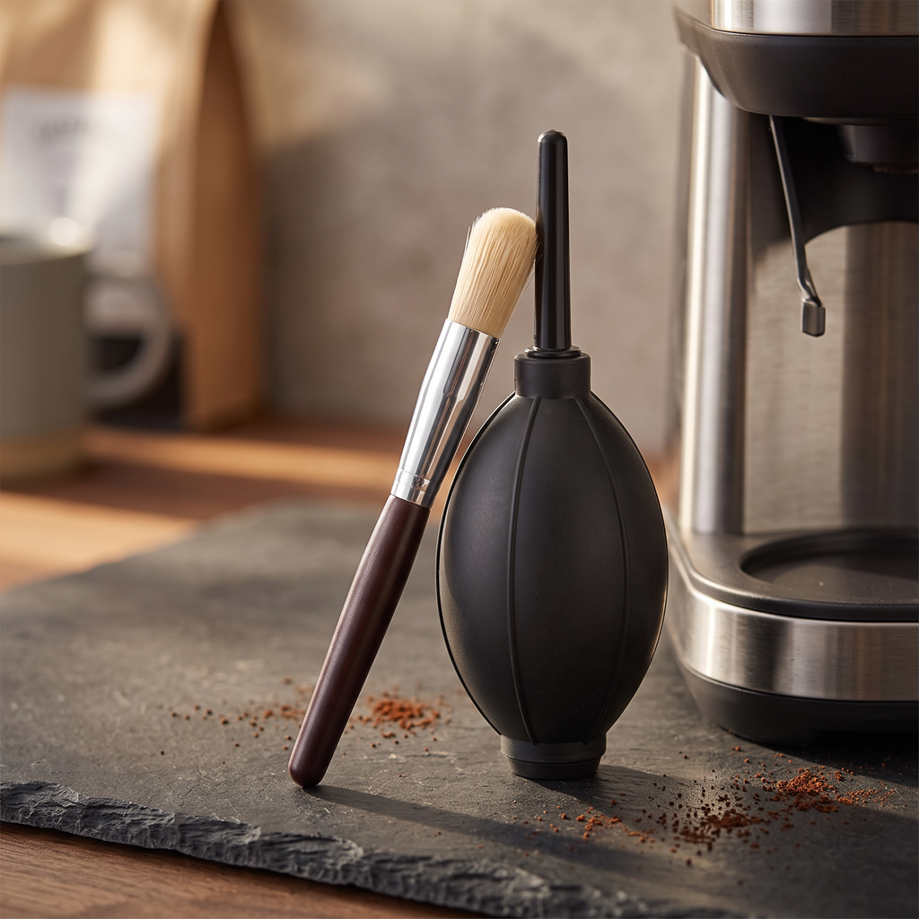 Grinder cleaning brush and air blower bulb on a slate counter beside a coffee grinder