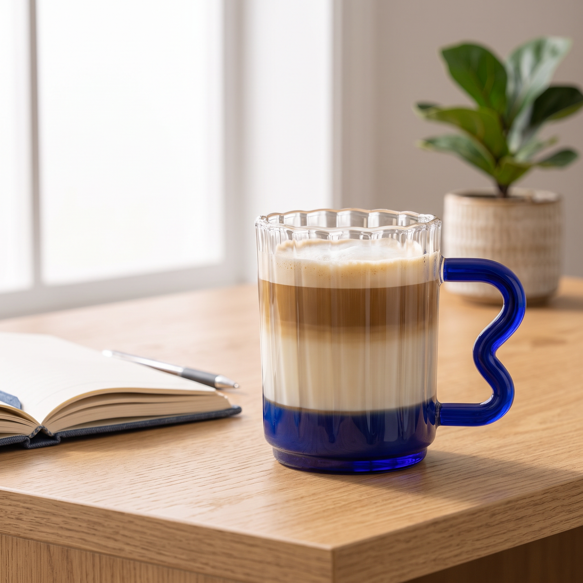 Ribbed glass coffee mug with color handle holding a layered latte on a sunny wood desk
