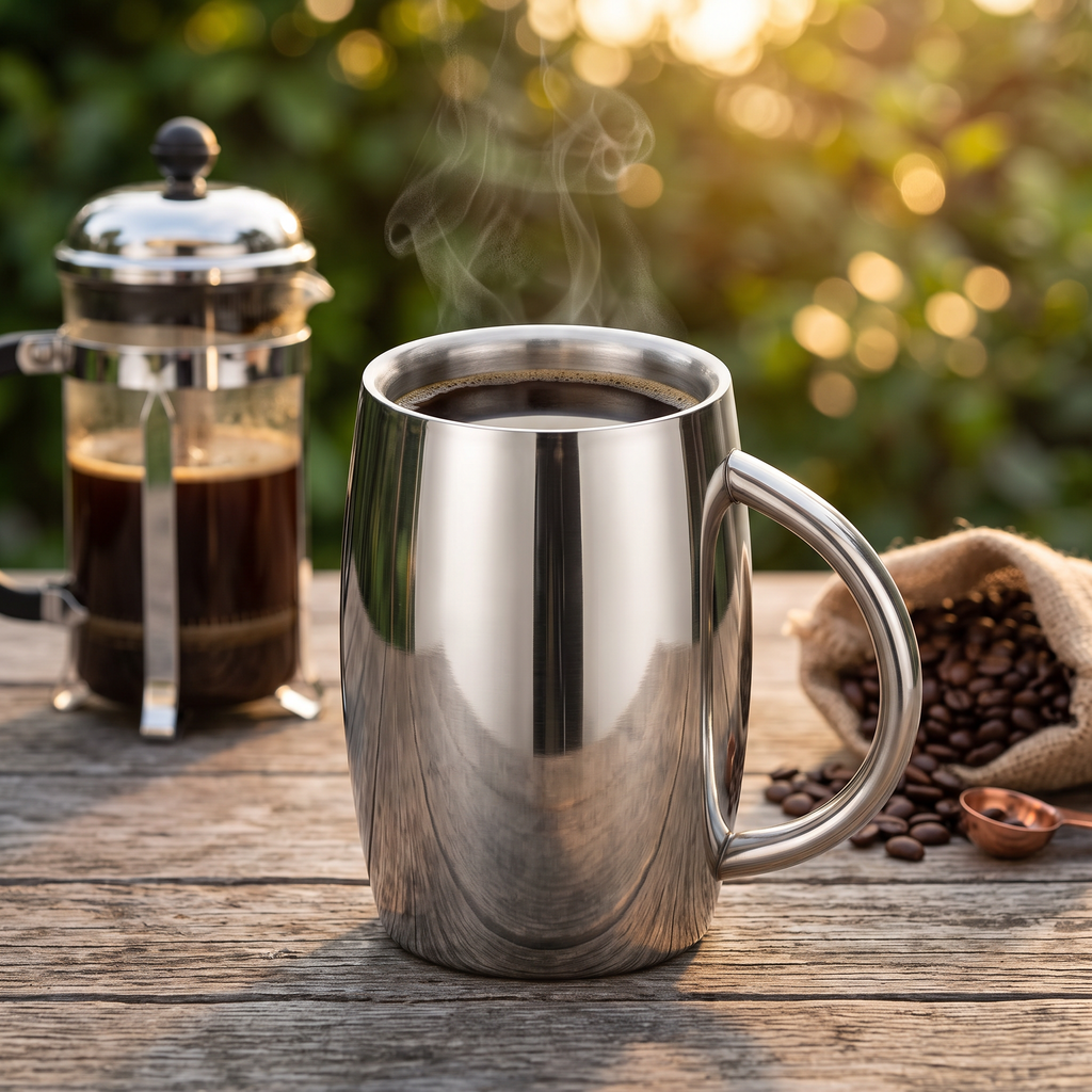 Double-wall stainless steel coffee tumbler mug with hot coffee on a patio table at golden hour