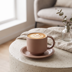 Nordic velvet matte coffee mug with matching tray and cappuccino in a Scandinavian living room