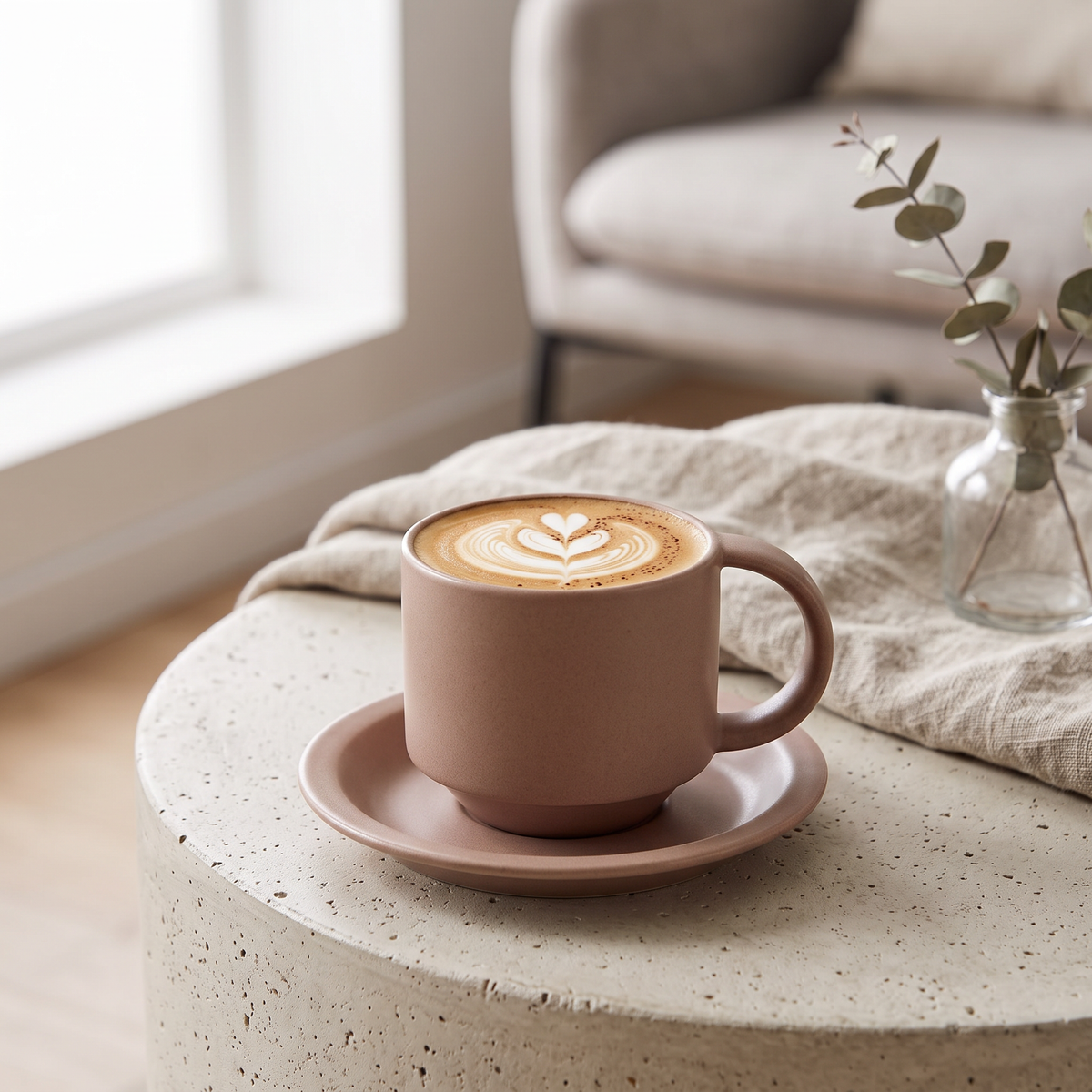 Nordic velvet matte coffee mug with matching tray and cappuccino in a Scandinavian living room