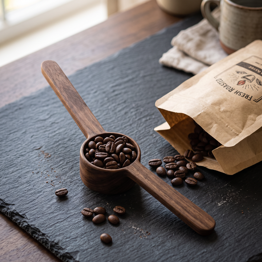 Black walnut coffee bean scoop filled with roasted beans on slate beside a bag of coffee