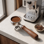 54mm bottomless portafilter with wood handle and tamped puck on a concrete espresso bar