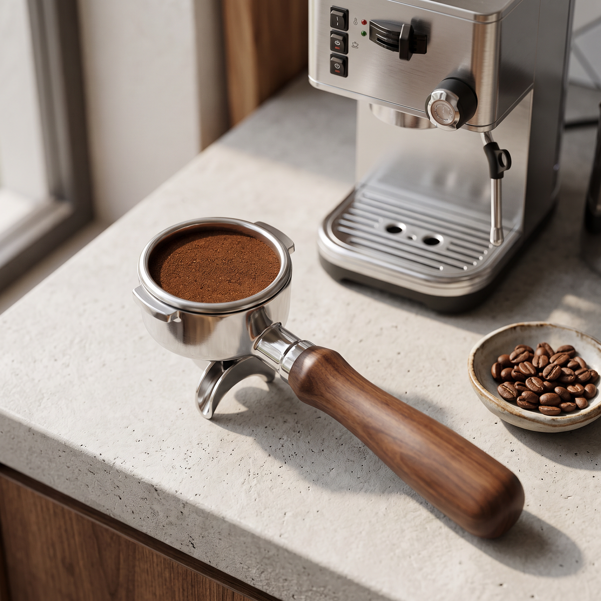 54mm bottomless portafilter with wood handle and tamped puck on a concrete espresso bar