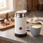 Electric milk frother and warmer with creamy foam beside a fresh latte in a home kitchen