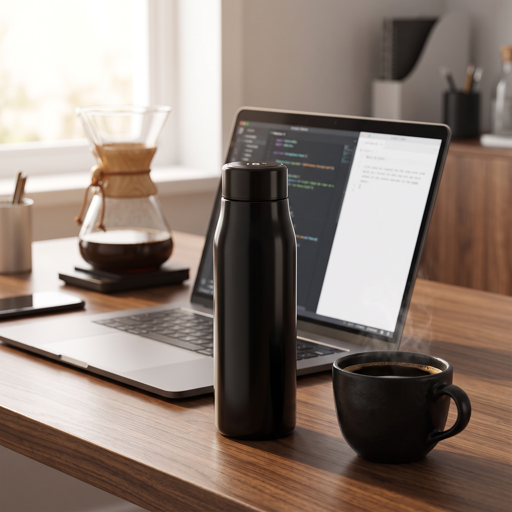 Smart temperature display stainless steel coffee thermos on a walnut office desk