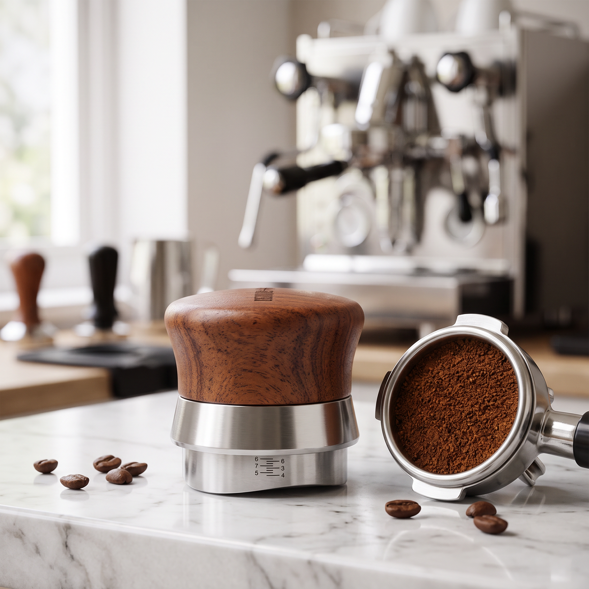 58mm rosewood coffee distributor beside a filled portafilter on a marble espresso bar