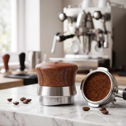 58mm rosewood coffee distributor beside a filled portafilter on a marble espresso bar