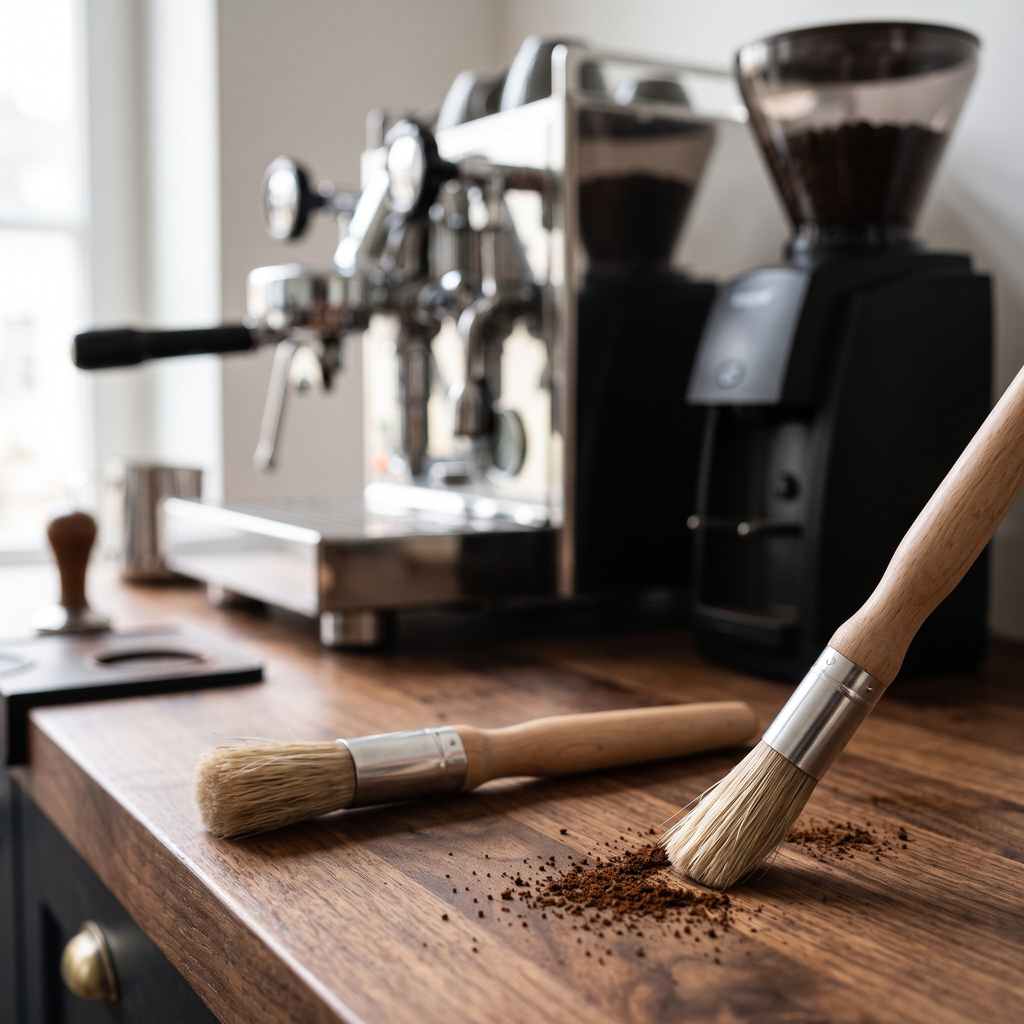 Wooden-handled coffee machine cleaning brush set in front of an espresso machine and grinder