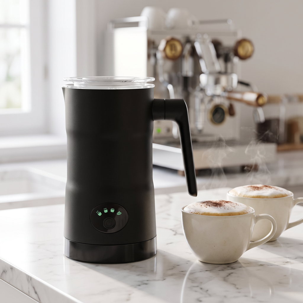 Black 4-in-1 automatic milk frother on marble counter with two foamy cappuccinos