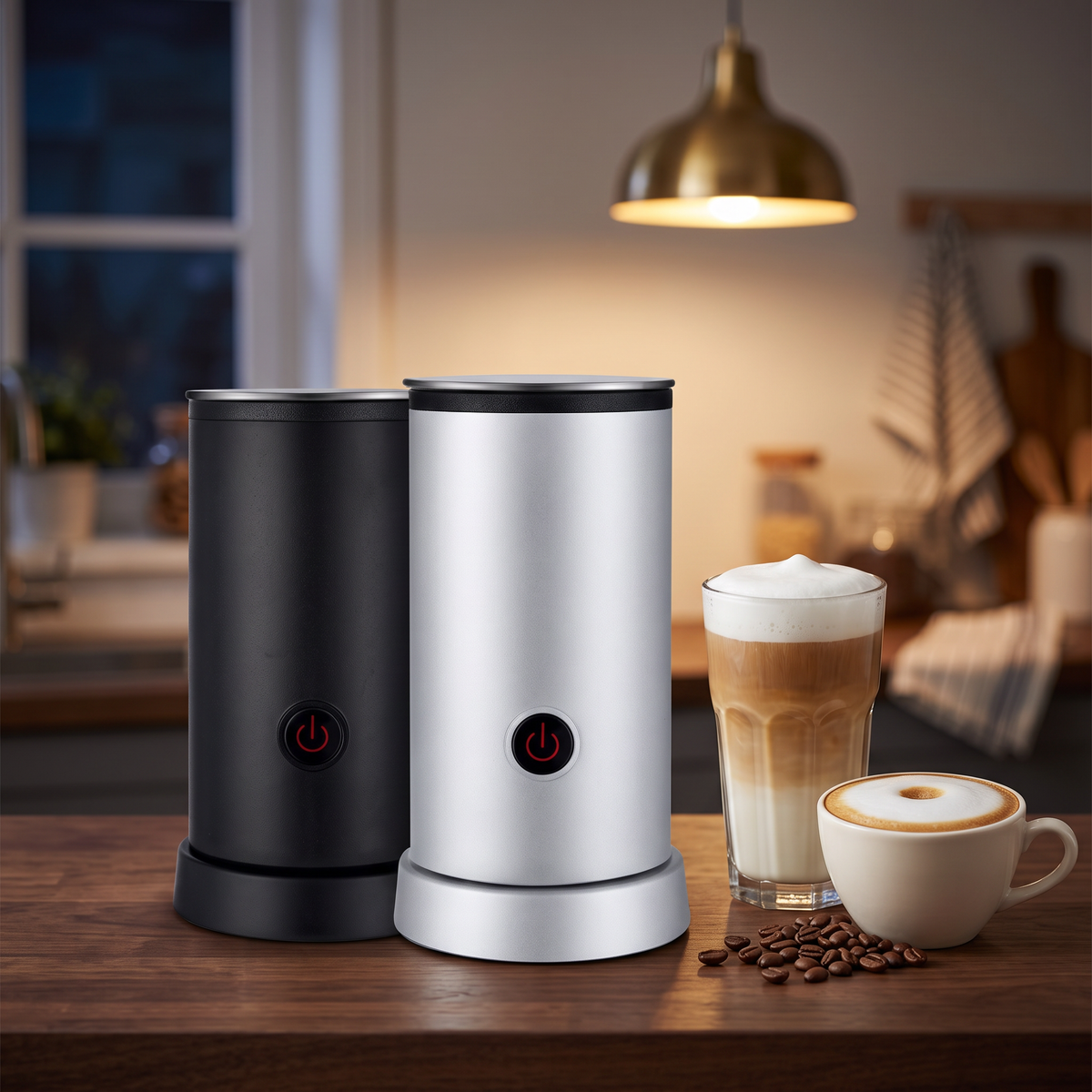 Stainless steel automatic milk frother with iced latte cold foam and macchiato on walnut