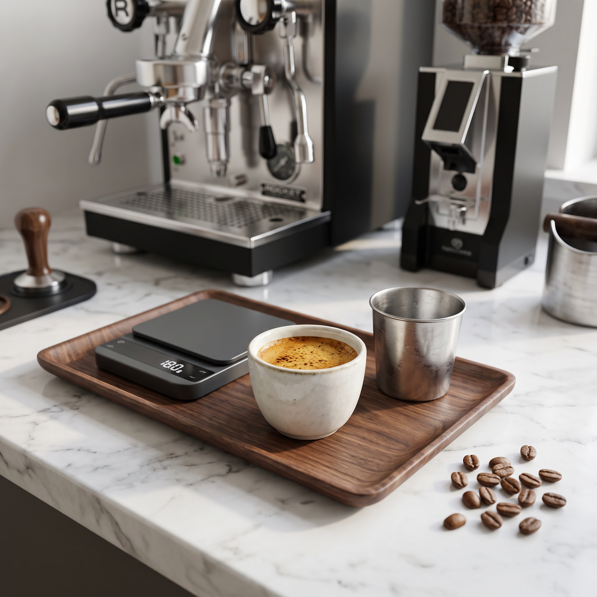 Black walnut coffee bar tray with espresso cup and scale beside an espresso machine on marble