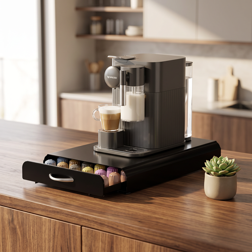 Black carbon steel 60-pod coffee capsule drawer stand open on a walnut kitchen counter