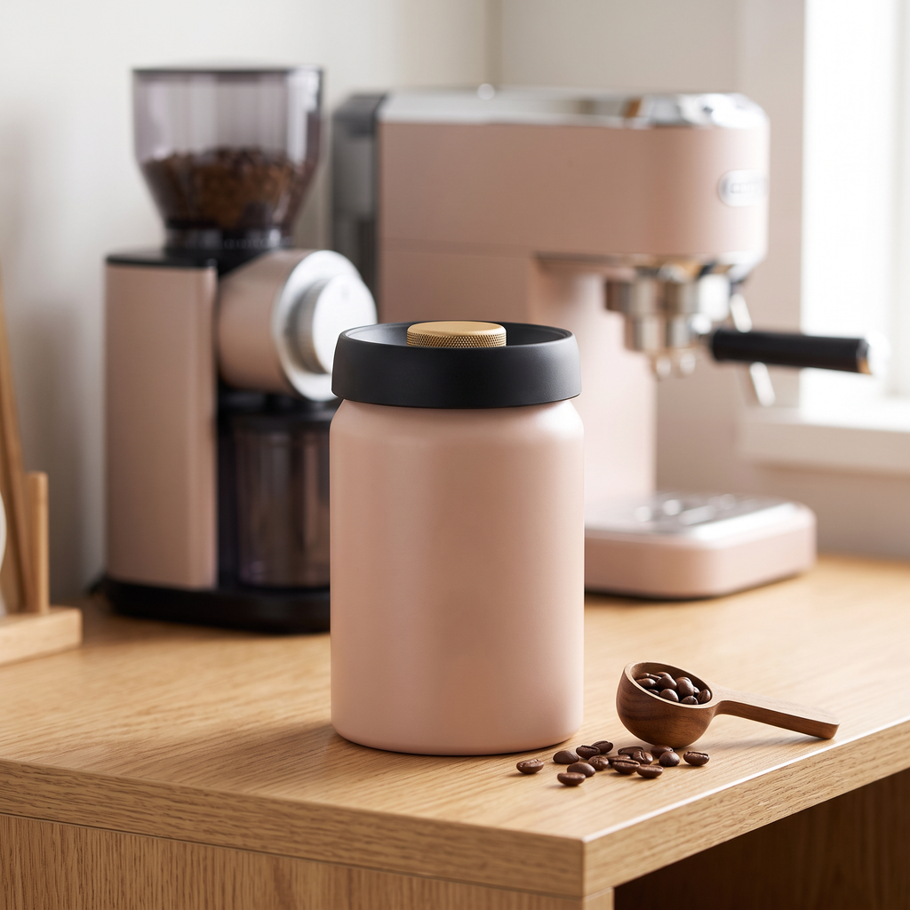 Matte stainless steel vacuum-seal coffee canister with beans at a home coffee station