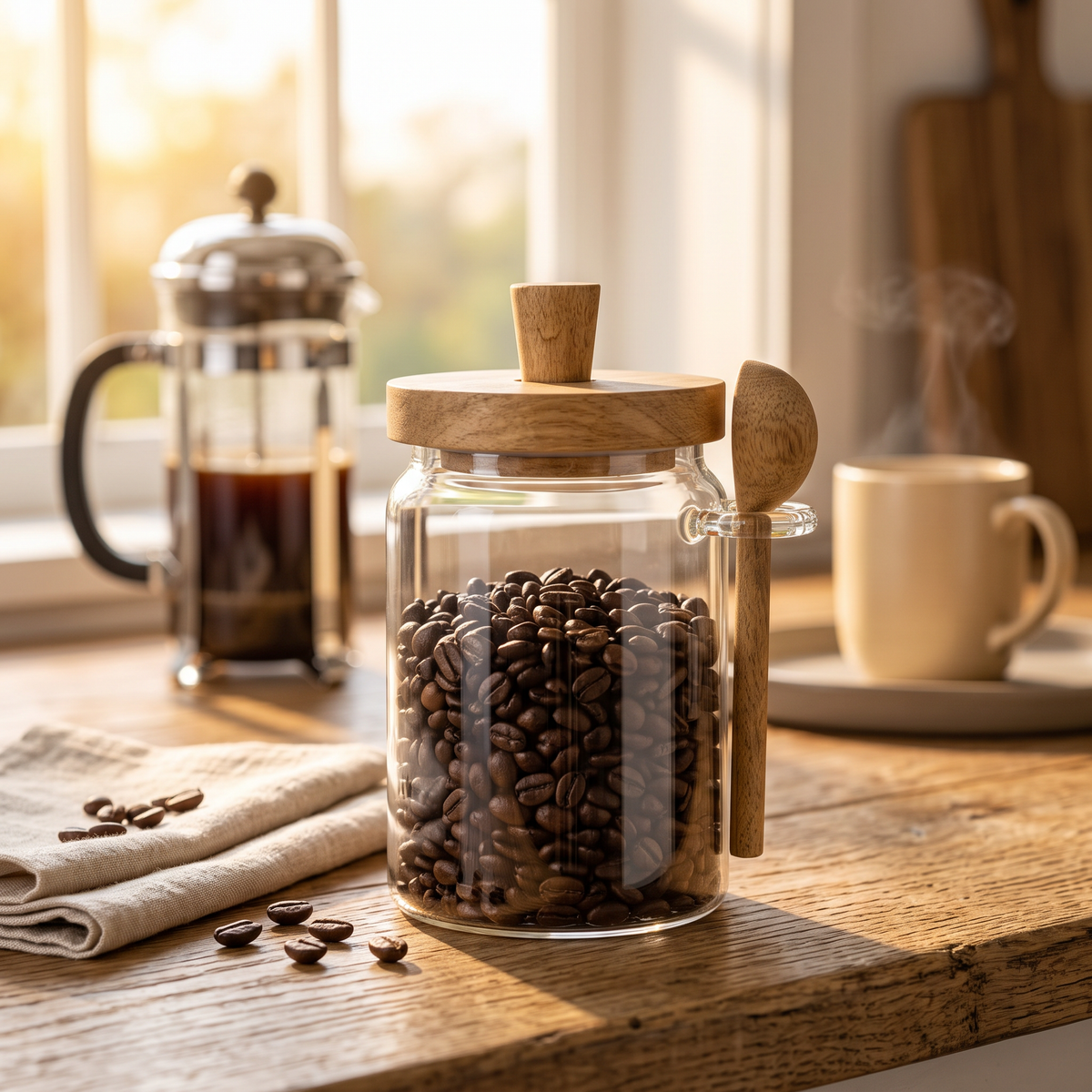 Glass coffee jar with acacia wood lid and spoon filled with beans on a wooden counter