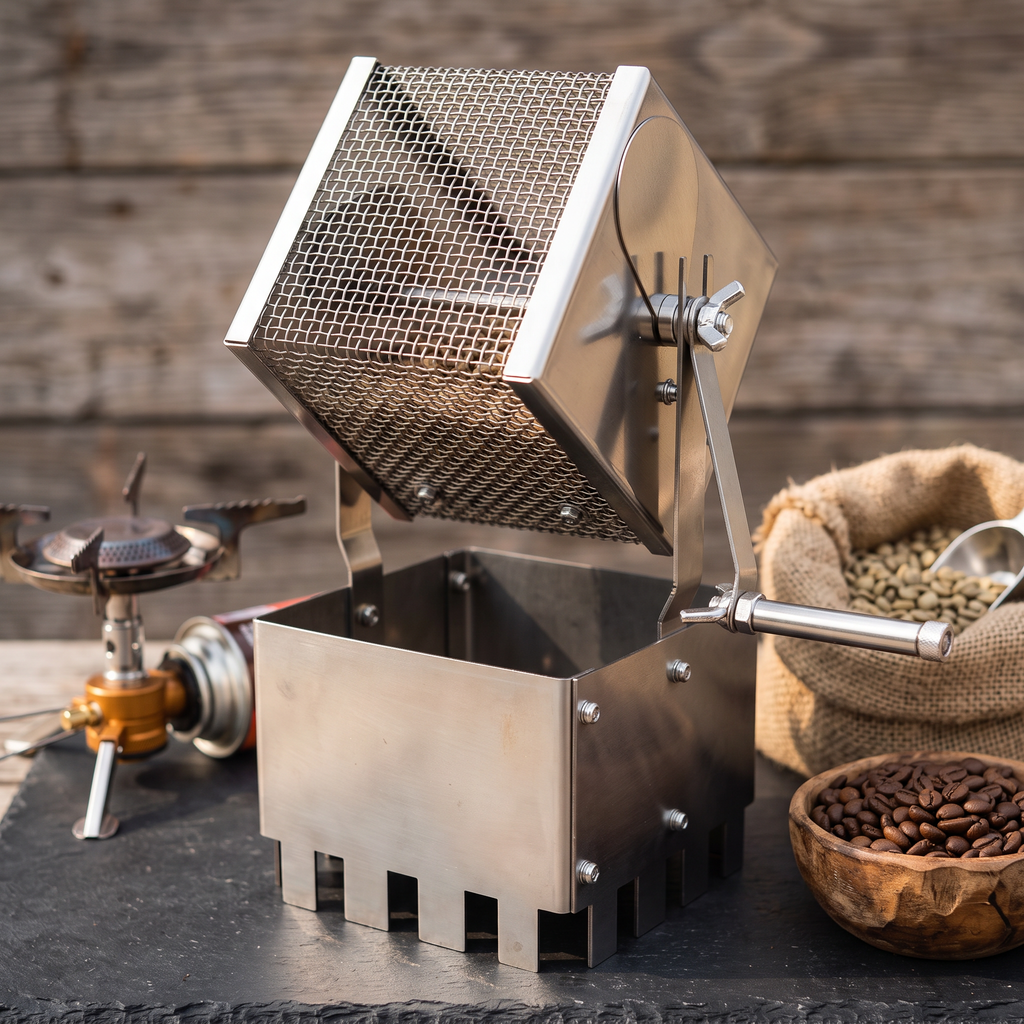 Hand-crank stainless steel drum coffee bean roaster with beans beside a camp stove