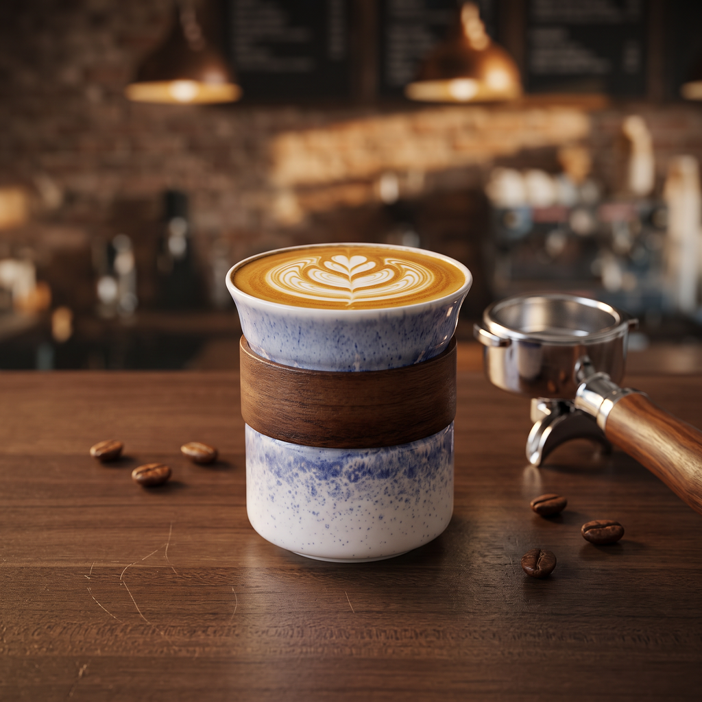 Japanese vintage porcelain piccolo latte cup with cortado latte art on a walnut cafe counter