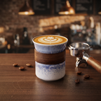 Japanese vintage porcelain piccolo latte cup with cortado latte art on a walnut cafe counter