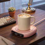 USB coffee mug warmer pad keeping a latte warm on a home office desk